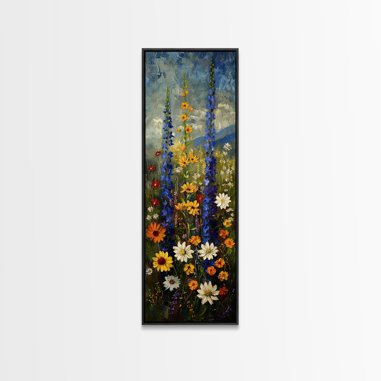 Lush Wildflowers in a Vibrant Meadow, Skinny and Tall Art, Colorful Floral Landscape, Framed Canvas Print, Nature Lovers
