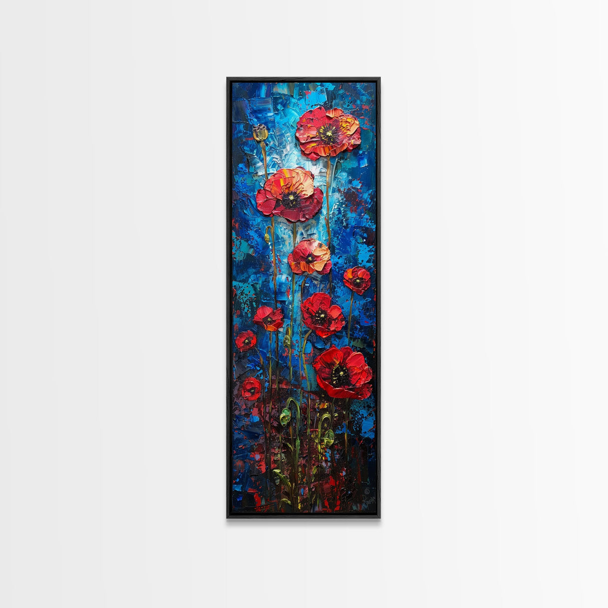 Red Poppies on Textured Blue Canvas as Tall Skinny Art Framed Canvas Print Perfect for Bold Wall Decor in Modern Spaces
