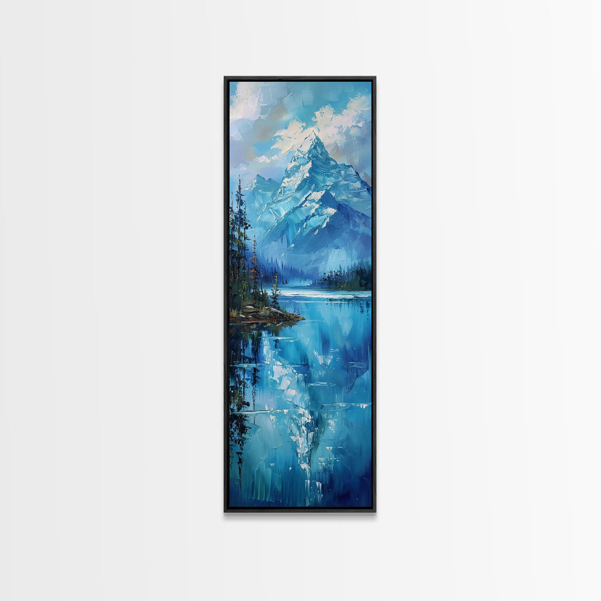 Mountain Reflections In The Lake Framed Canvas Print, Boho Style Oil Painting Print, Minimalist Decor, Unique Gift Idea, Skinny Art For Small Spaces