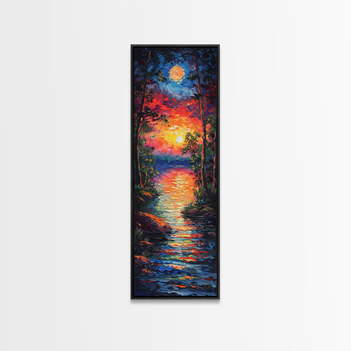 Sunset and Full Moon Over The lake Framed Canvas Print, Nature Decor, Landscape Oil Painting Print Wall Art, Skinny / Tall Art for Small Spaces