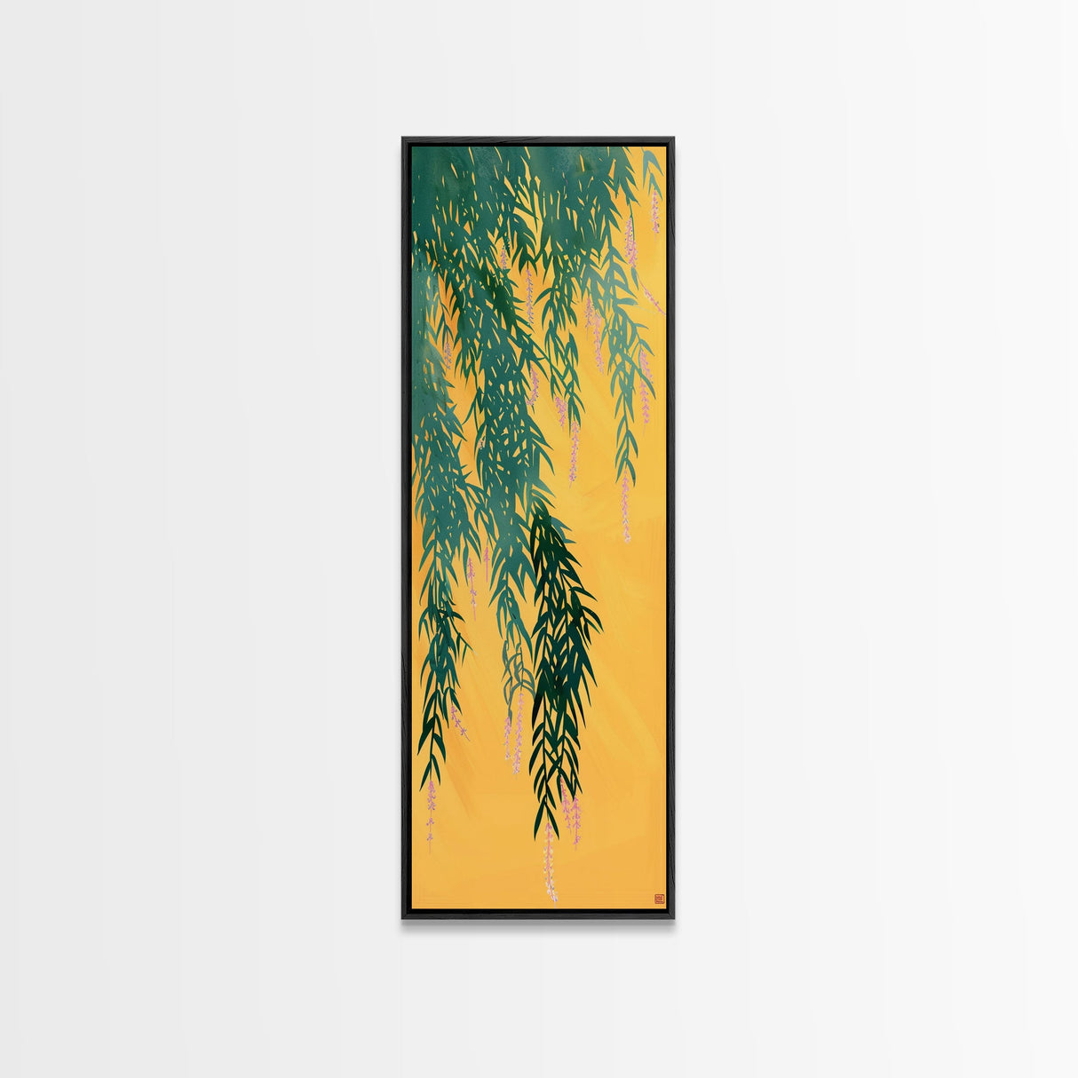Japanese Skinny Art of Wisteria Hanging Over a Golden Background – Framed Canvas Print