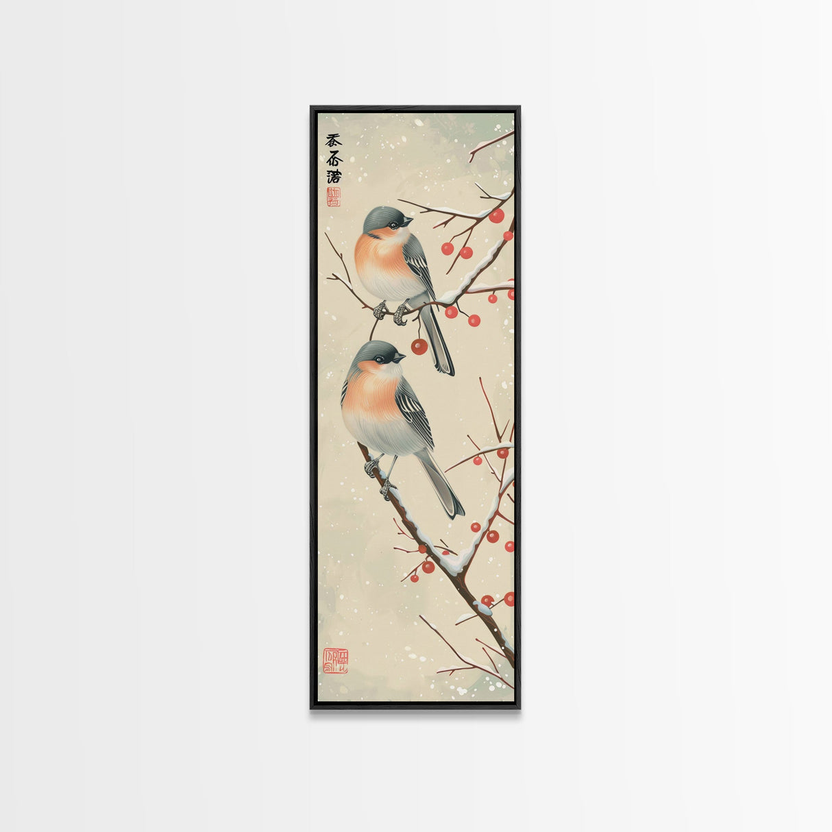 Pair of Birds on Snowy Branches, Japanese Art Framed Canvas Print, Tall and Skinny Wall Art in Ukiyo-e Style