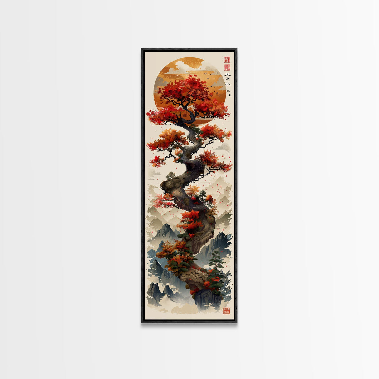 Majestic Bonsai Tree Under the Golden Sun Skinny Art Ukiyo-e Tall Framed Canvas Print with Mountain Landscape