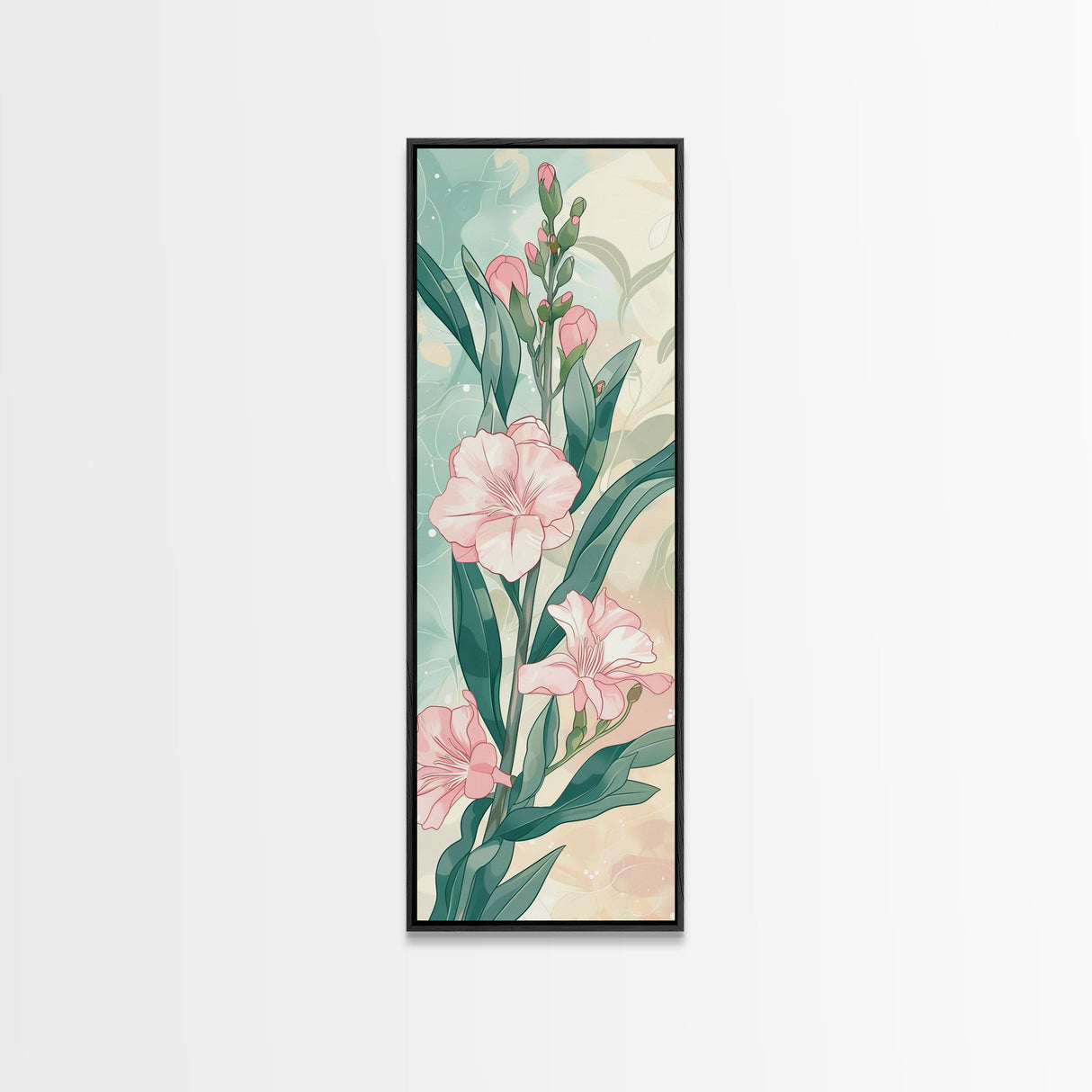 Skinny Art Pink Oleander Flowers In Japanese Style Wood Block Print Elegant Pastel Hues On Framed Canvas Print, Tall Art Ukiyo-e