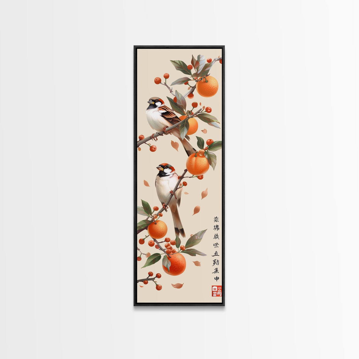 Skinny Art Tall Art Framed Canvas Print Wood Block Print Of Elegant Bird Perched On Branch Amidst Orange Fruits Ukiyo-e Japanese Style Art