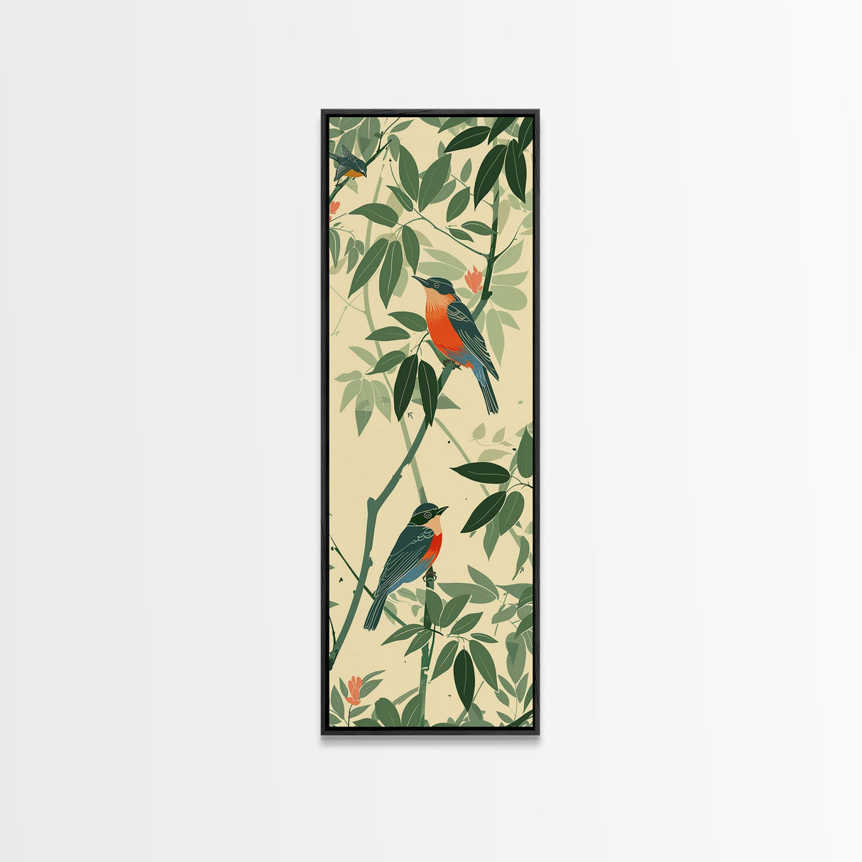 Skinny Art Tall Art Framed Canvas Print Birds Amongst Dense Greenery And Red Flowers Ukiyo-e Japanese Style Art Wood Block Print