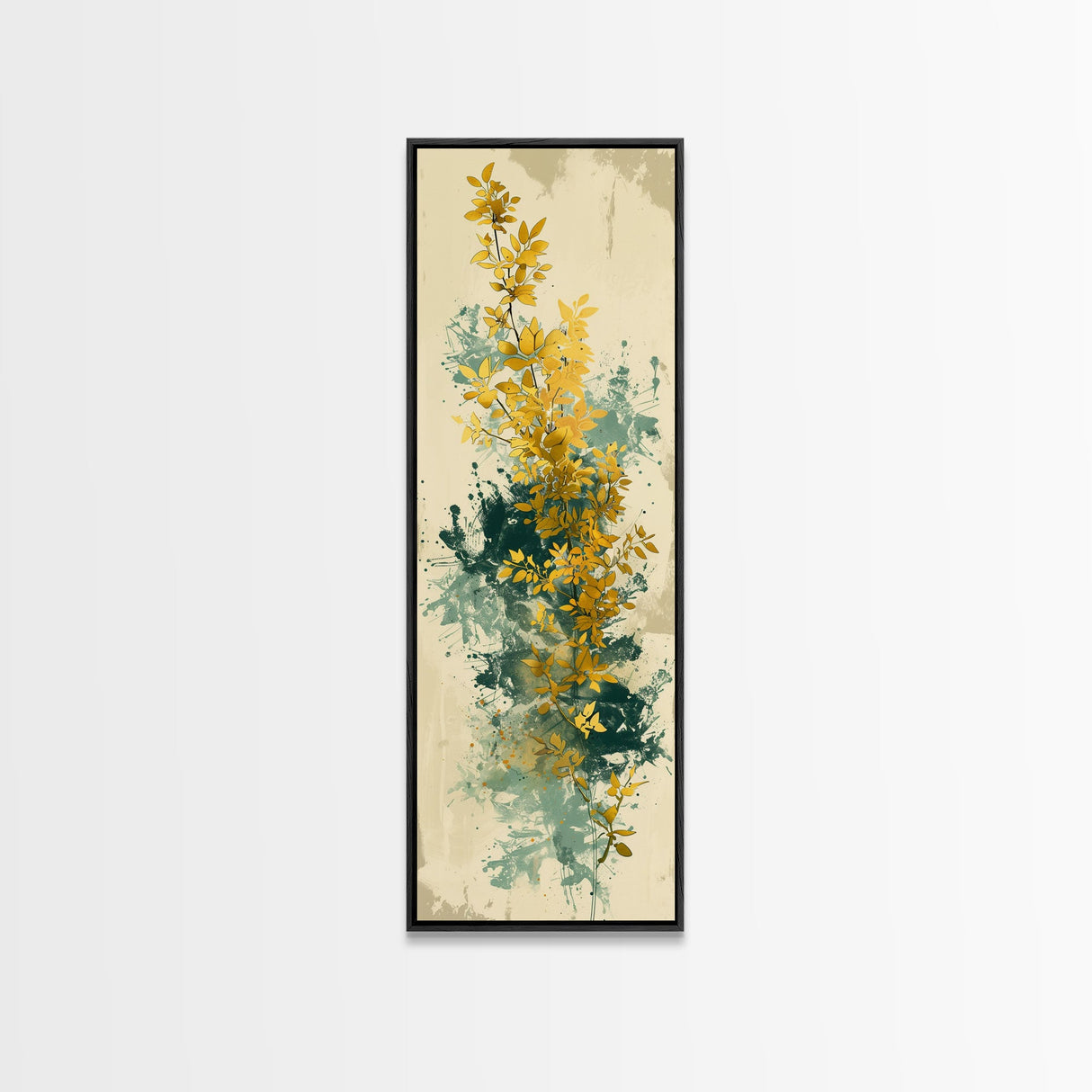 Golden Foliage Set Against Green Textured Background Skinny Art Tall Art Framed Canvas Print Japanese Style Art Ukiyo-e Art Wood Block Print Natural Elegant
