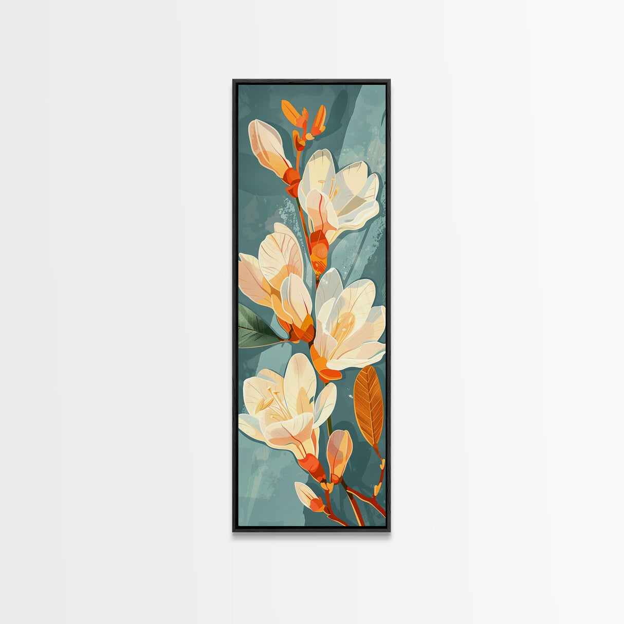 Light Cream Magnolia Blooms On Abstract Background Skinny Art Tall Art Framed Canvas Print Japanese Style Art Ukiyo-e Art Wood Block Print Delicate Decorative