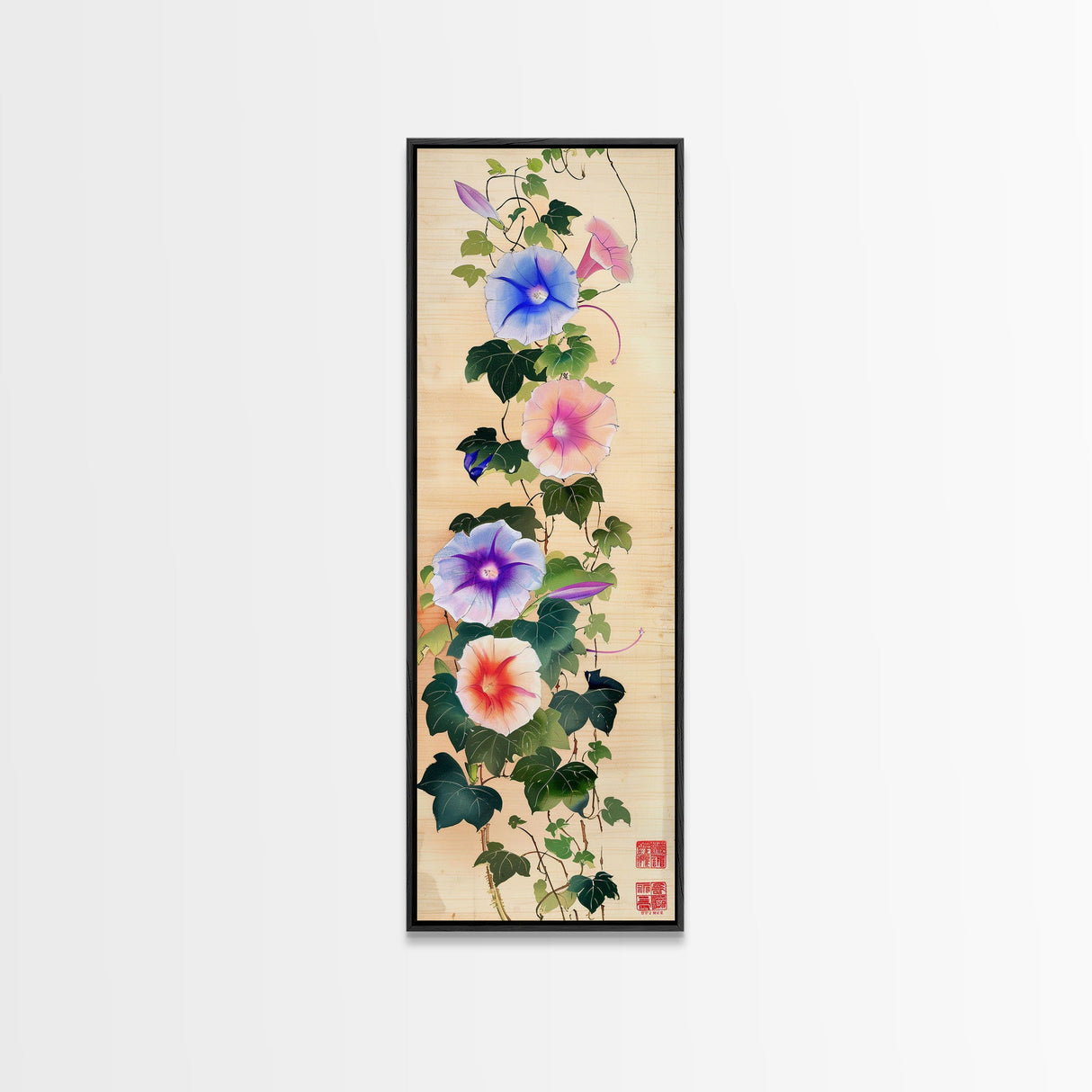 Morning Glories On Wooden Background Ukiyo-e Wall Art Framed Canvas Print Japanese Style Skinny Art Wood Block Print Tall Art
