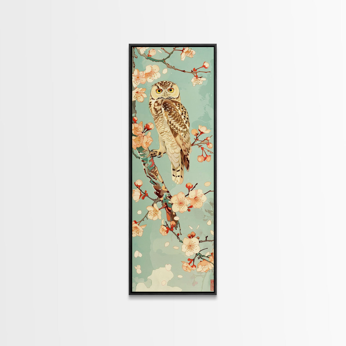 Owl Cherry Blossom Tree Traditional Japanese Tall Wall Art Skinny Framed Canvas Print Ukiyo-e Style