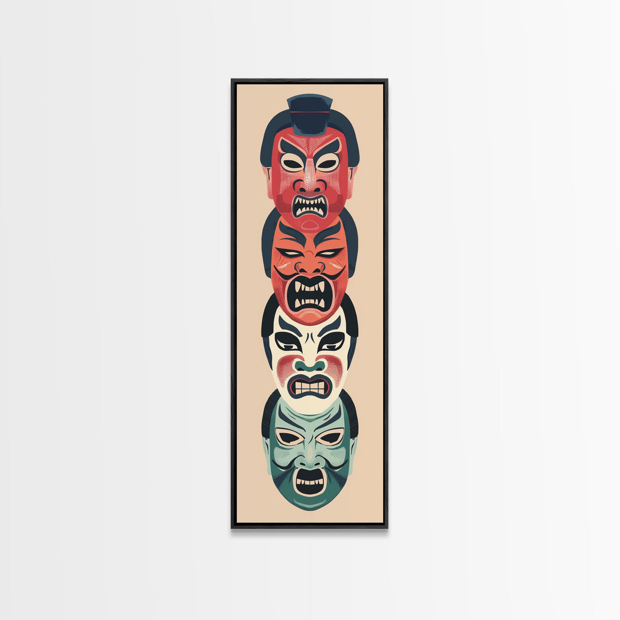 Bold Striking Japanese Kabuki Masks Vibrant Colors Depicted Traditional Style Tall Framed Canvas Print Cultural Home Decor