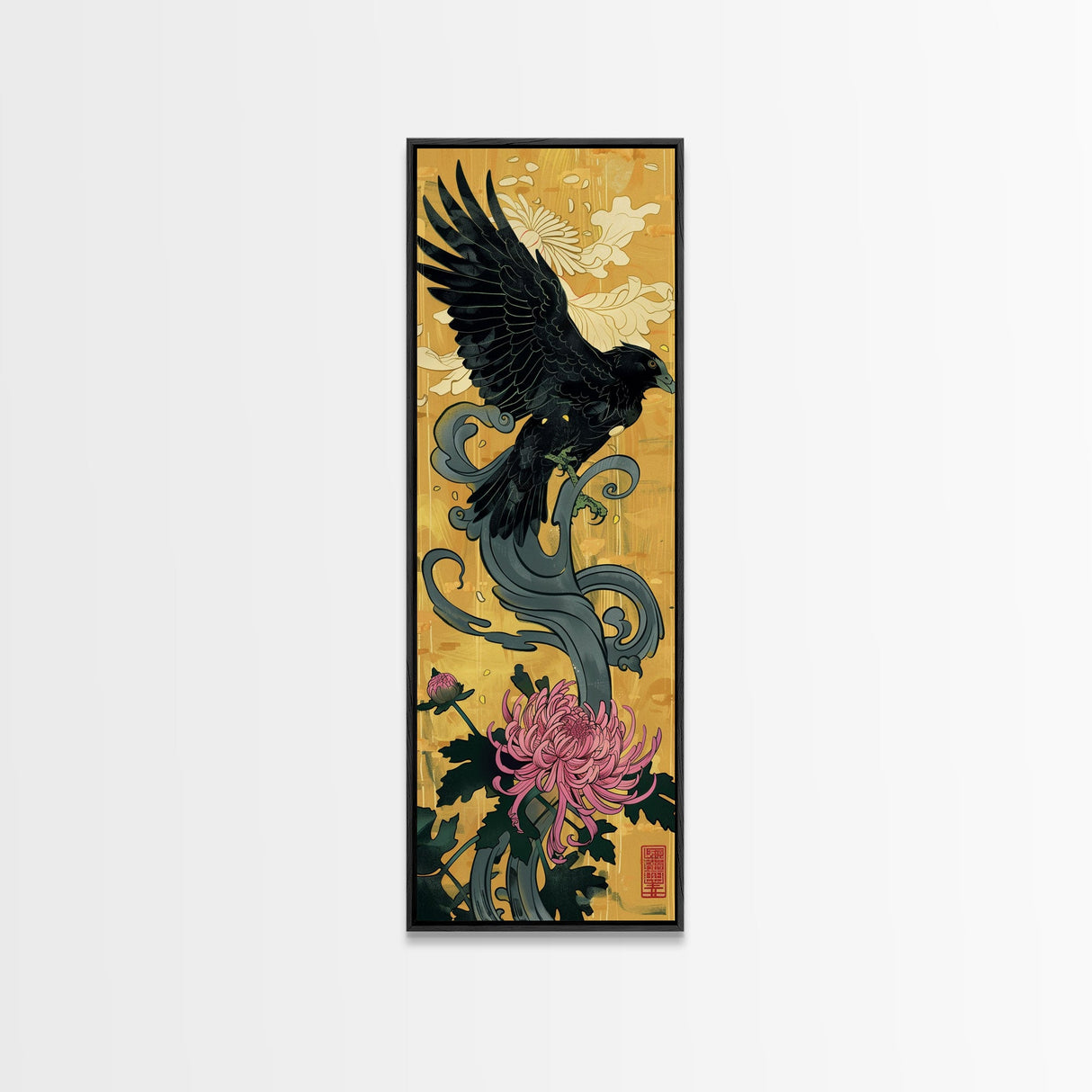Canvas Print Japanese Eagle In Flight Over Chrysanthemum Flowers, Bold Traditional Art For Statement Wall Piece, Cultural Home Decor