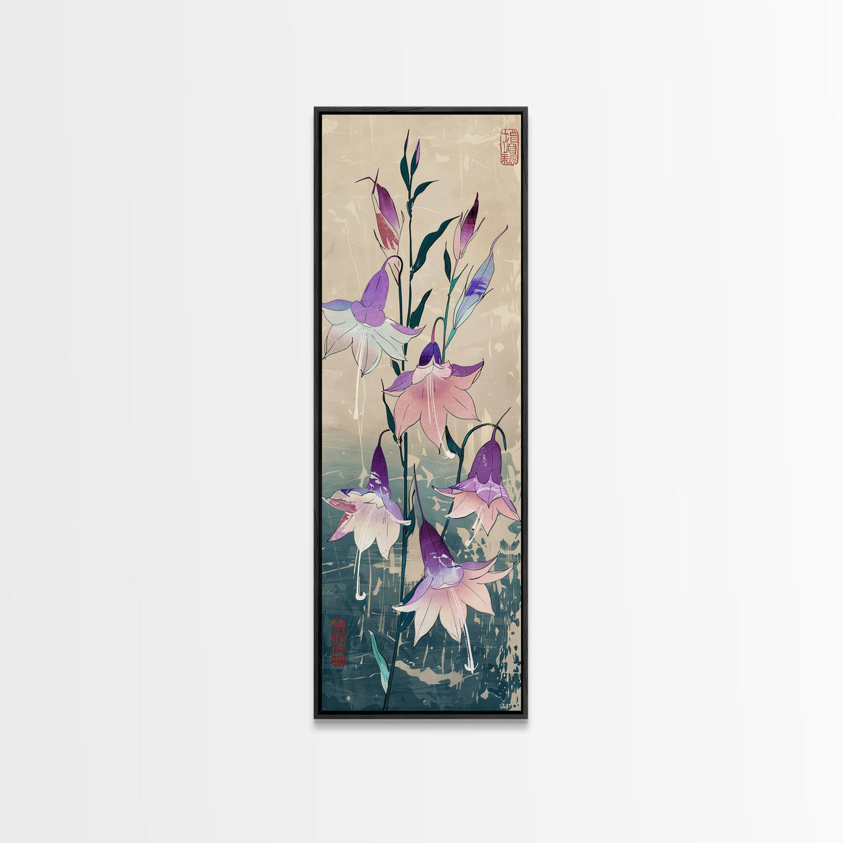 Tall Art Featuring Elegant Bellflowers In Soft Purples And Pinks Against A Muted Background, Skinny Art, Japanese Style Art, Ukiyo-e Art, Framed Canvas Print, Wood Block Print
