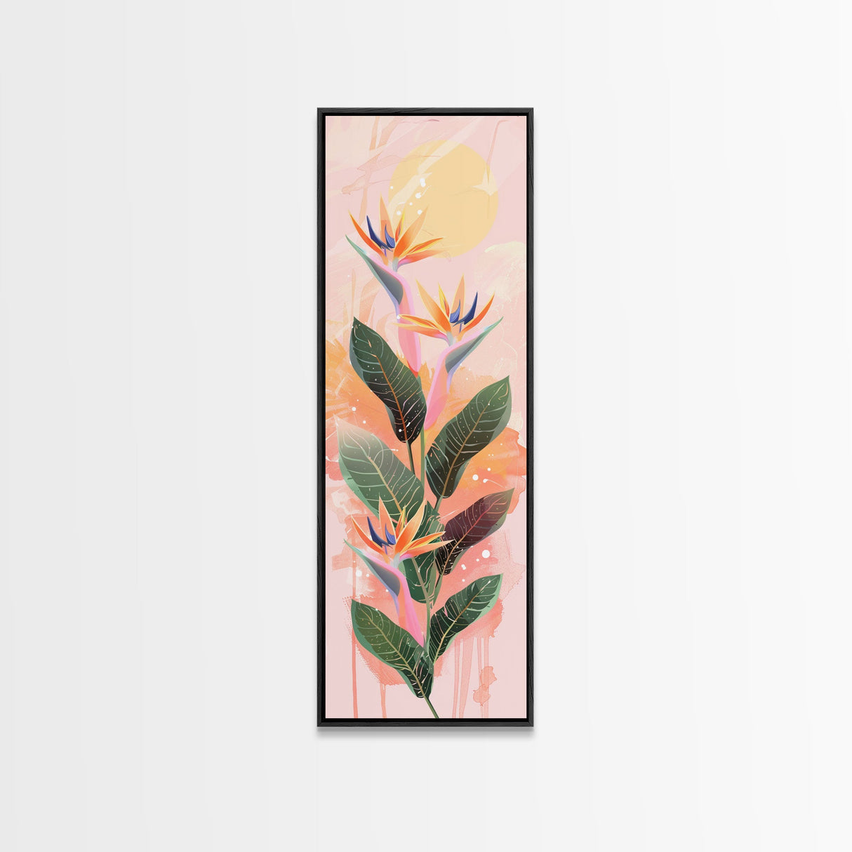 Vibrant Bird Of Paradise Flowers Against Soft Pastel Background Ukiyo-e Style Skinny Tall Wood Block Framed Canvas Print