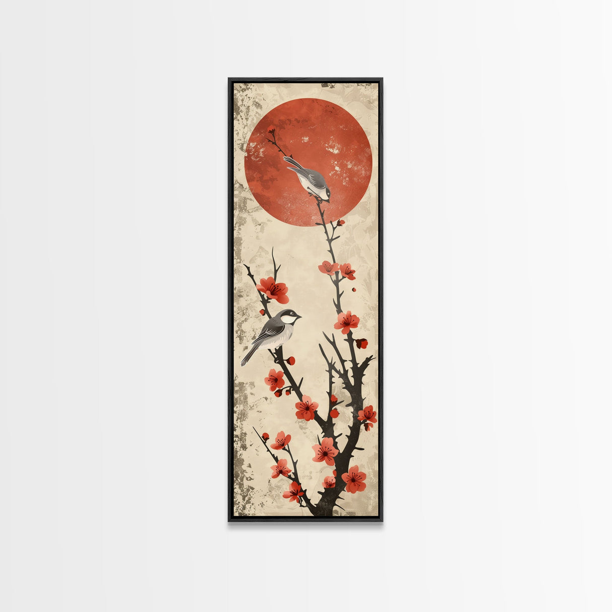 Delicate Birds Perched On Blooming Branch With Red Sun For Traditional Japanese Wall Art Decor Ukiyo-e Style Framed Canvas Print