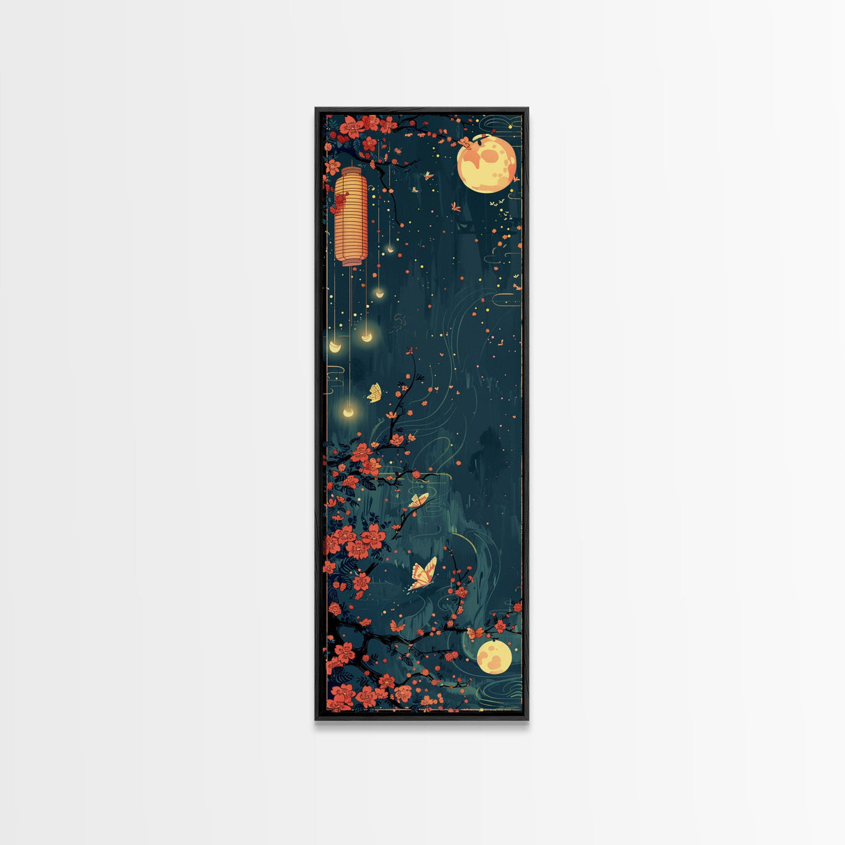 Tall Skinny Art Japanese Style Wood Block Print Night Scene With Lanterns And Cherry Blossoms For Framed Canvas Print In Ukiyo-e Style
