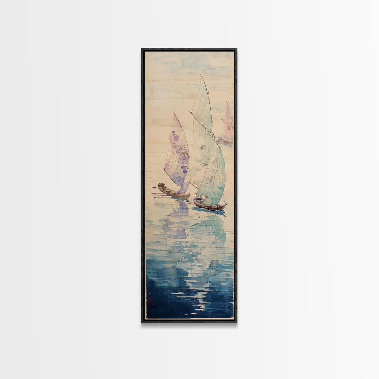 Sailboats On Calm Sea Canvas In Japanese Ukiyo-e Style, Traditional Woodblock Print, Framed Canvas Print, Tall Skinny Japanese Wall Art, Ready To Hang