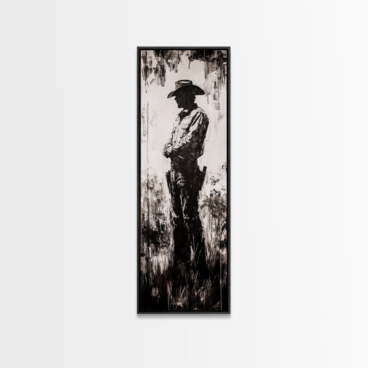 Black and White Cowboy Art Framed Canvas Print, Rustic Wall Art, Moody Art, Southwest Wall Art, Vintage Horse Art, Tall Narrow Art