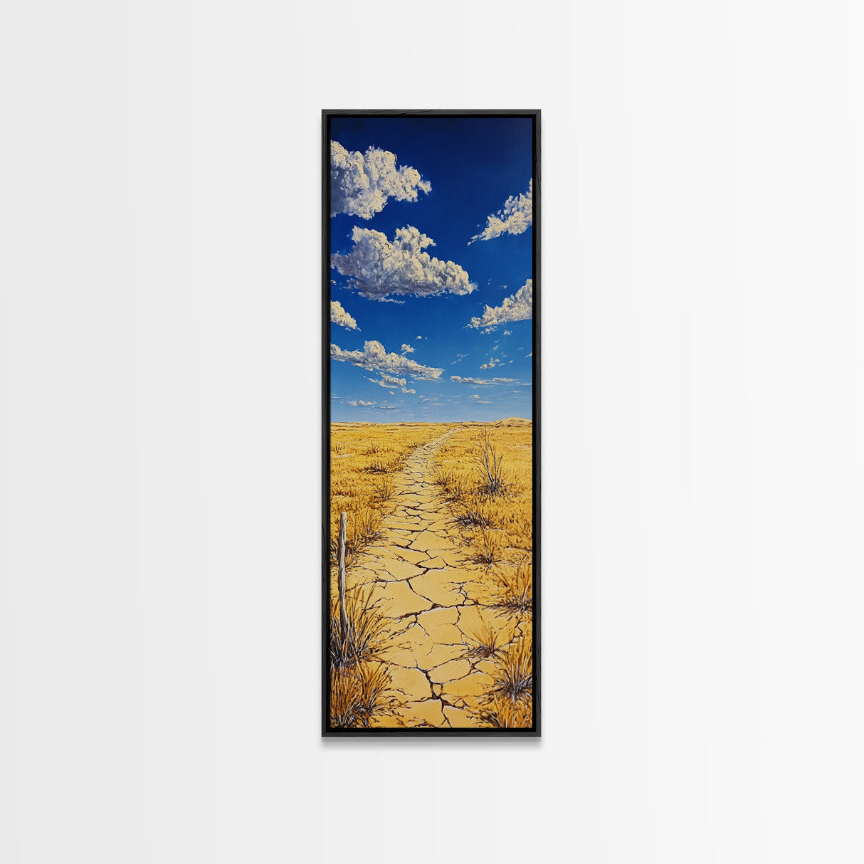 Golden Prairie Trail Framed Canvas Print rustic wall art, southwest wall art, landscape painting, farmhouse art, extra wide art, panoramic painting, above sofa art, wabi sabi art, Joshua tree art