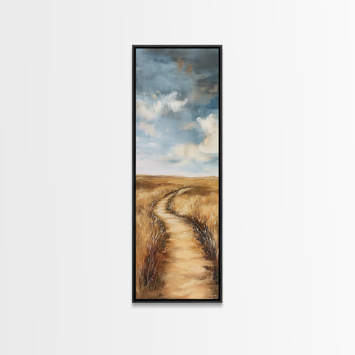 Serene Rural Path Framed Canvas Print landscape painting, farmhouse art, above couch art, rustic wall art, wabi sabi art, extra wide art, panoramic art, warm neutral wall art, barn landscape oil painting
