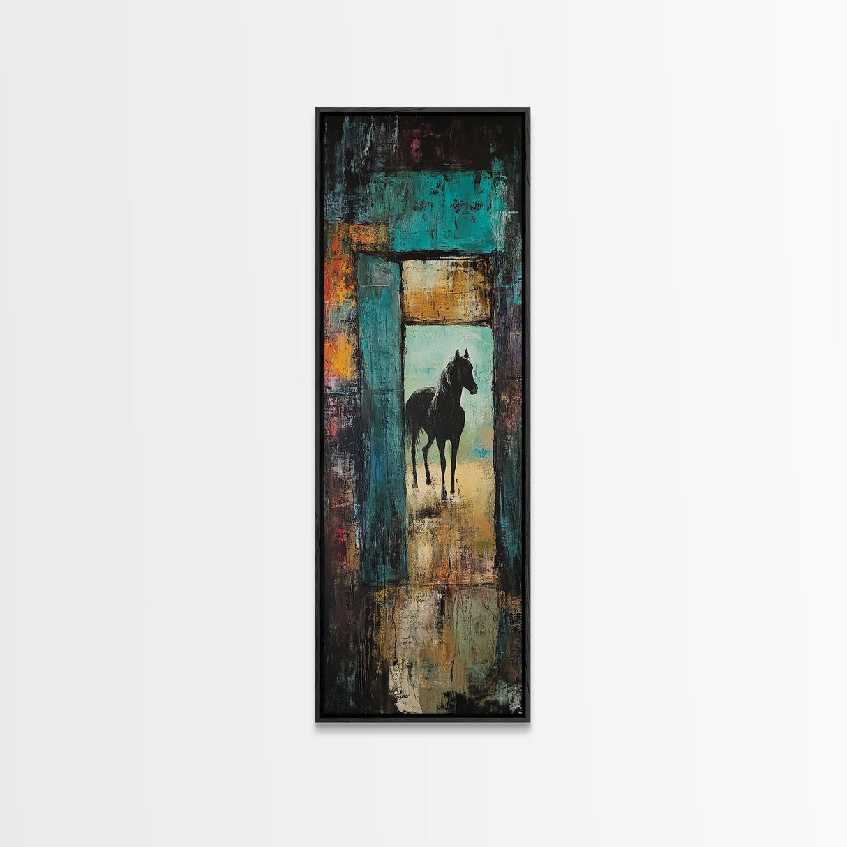Mysterious Horse Silhouette Framed Canvas Print Moody Art Rustic Wall Art Southwest Wall Art Extra Tall Narrow Art