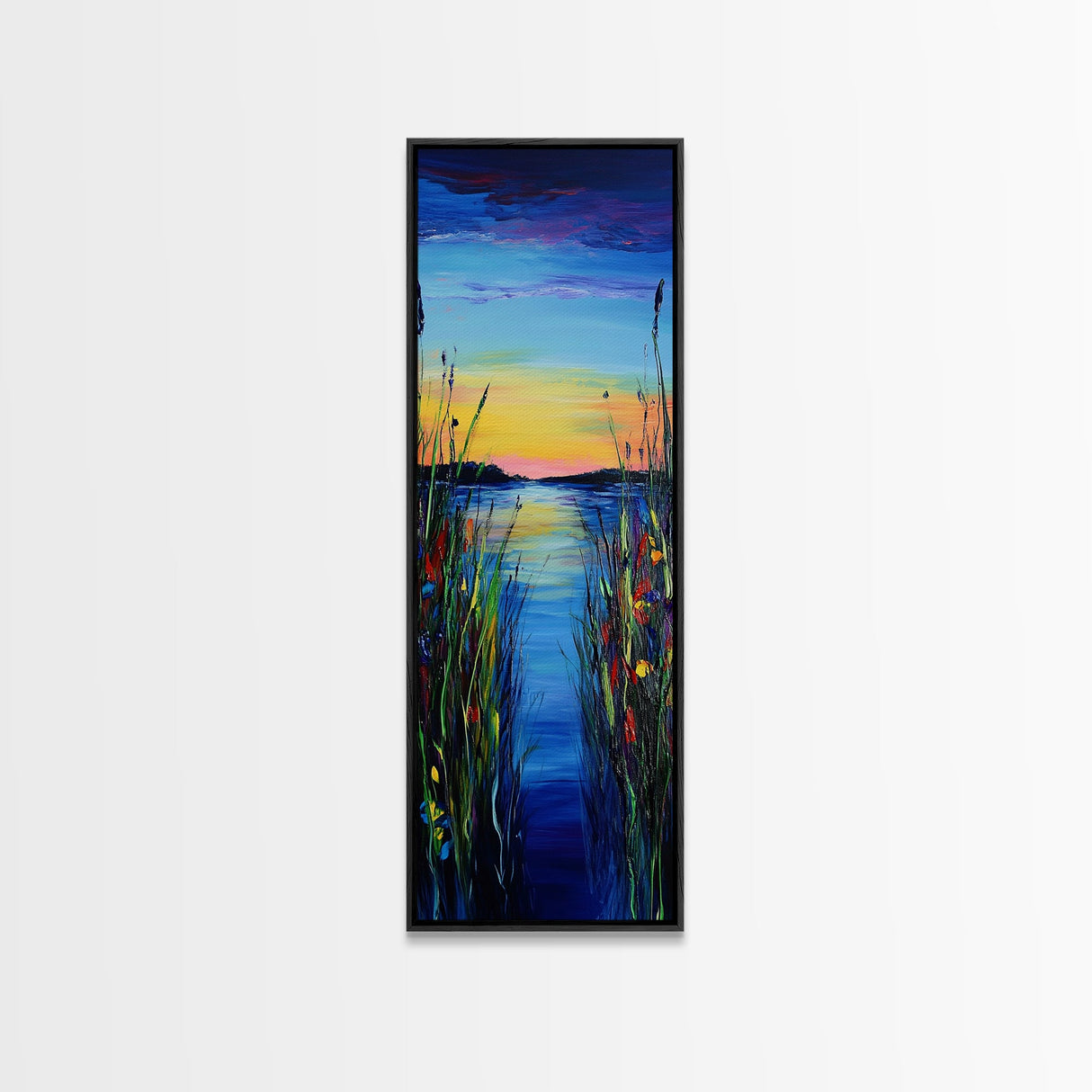 Vibrant Lake Reflection Framed Canvas Print lake Tahoe art landscape painting sunset over water coastal decor extra wide wall art