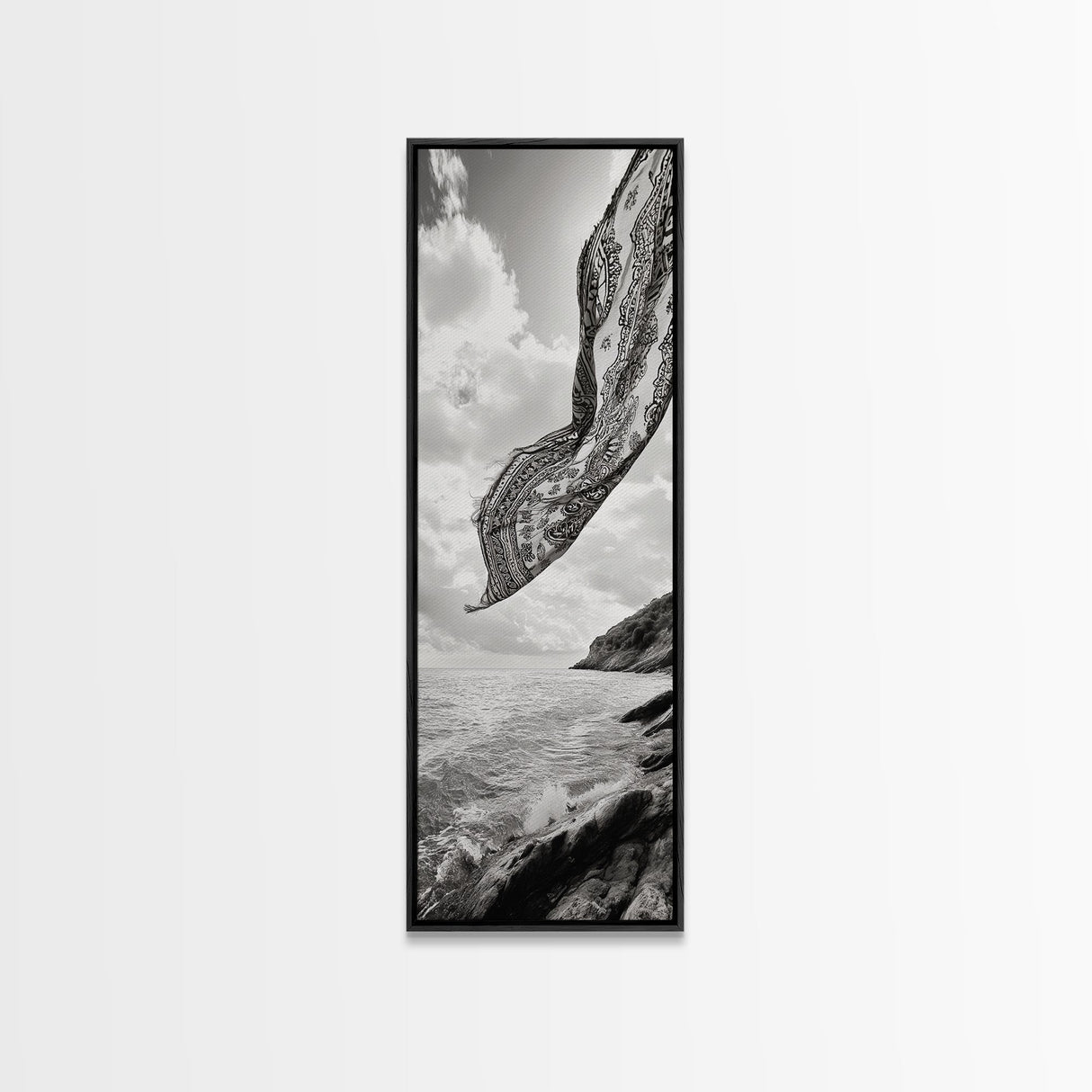 Flowing Fabric Over Ocean, Framed Canvas Print, wabi sabi art, coastal decor, boho art, minimalist art, above couch art, panoramic painting