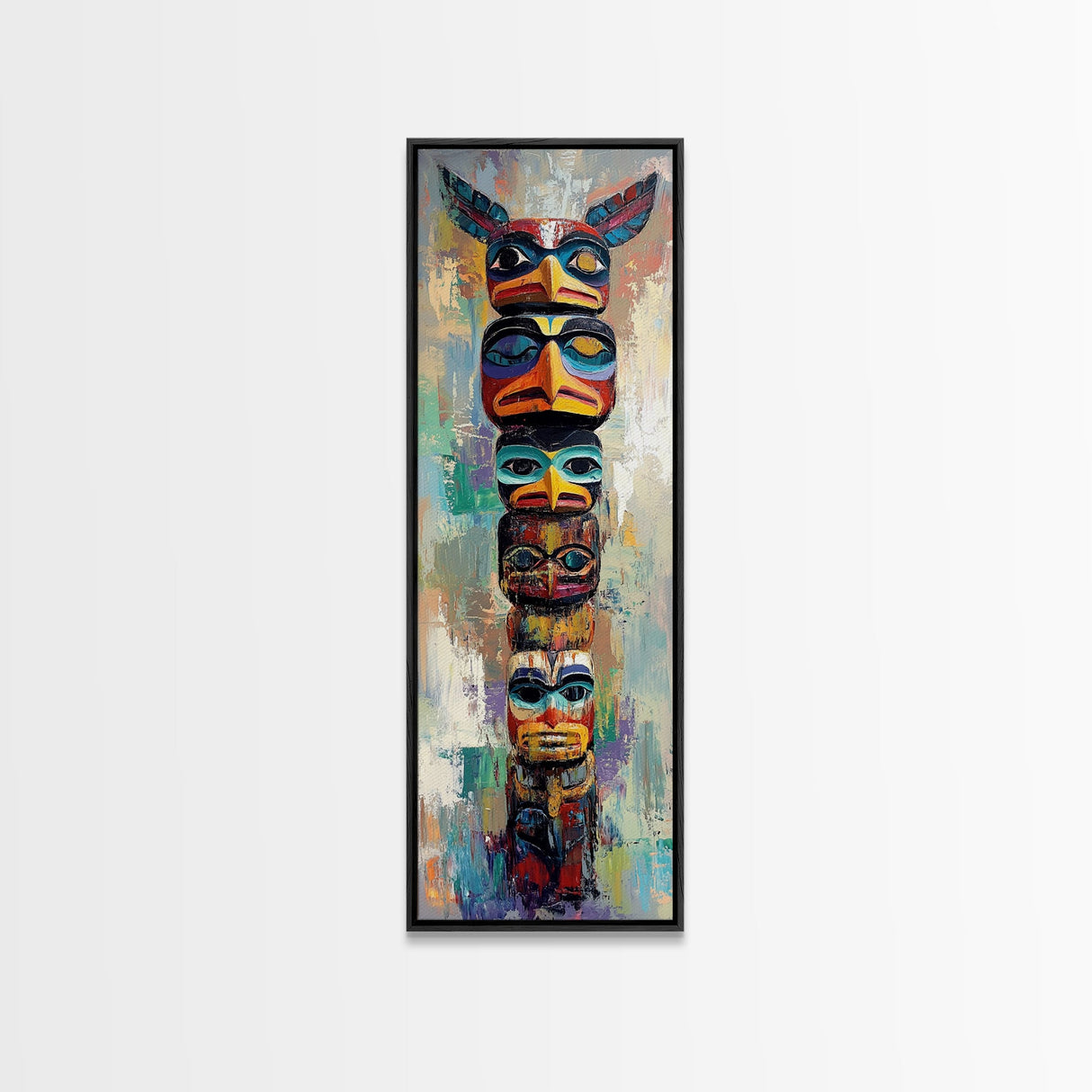 Totem Pole Framed Canvas Print tribal art rustic decor abstract painting blue and green wall art moody art tall narrow art unique wall art