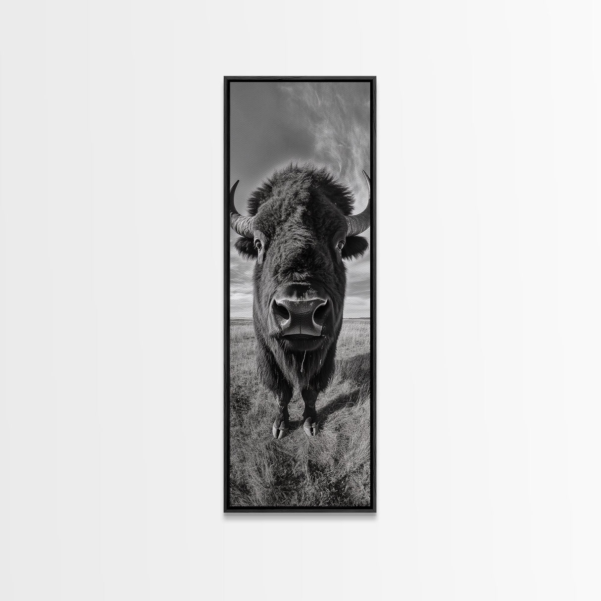 Majestic Bison Close-Up, Framed Canvas Print, rustic wall art, cowboy home décor, wildlife photography, farmhouse art, black and white photography
