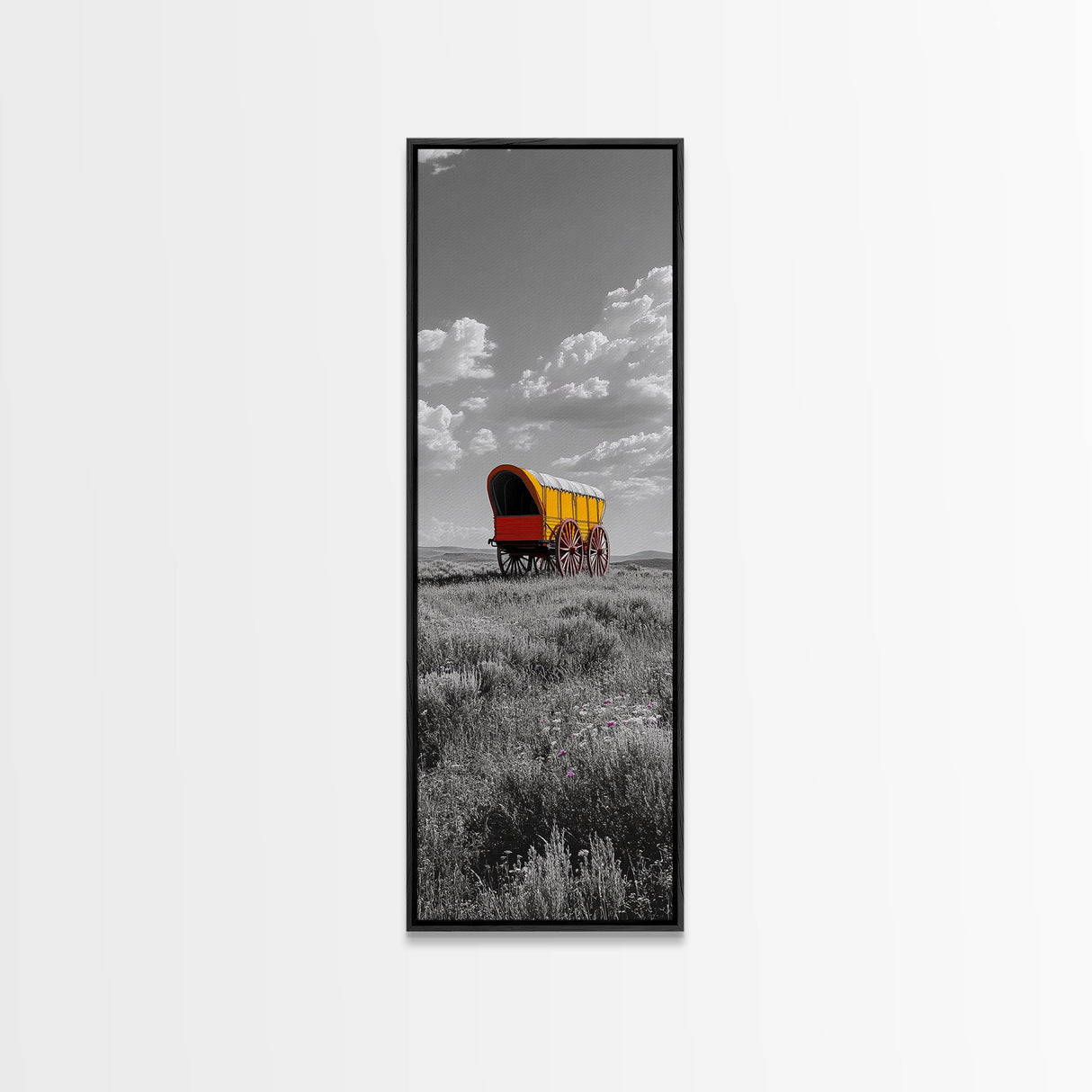 Nostalgic Wagon Trail Framed Canvas Print | Western Decor | Rustic Wall Art | Moody Landscape Art | Farmhouse Painting | Gift Idea | Panoramic Art