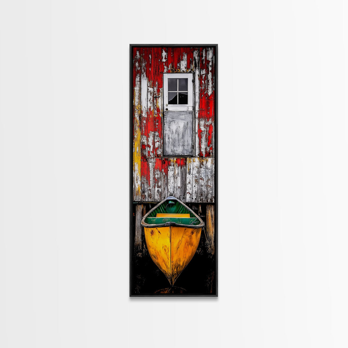 Rustic Barn Boat Reflection Painting Framed Canvas Print | Nautical Wall Art | Rustic Decor | Coastal Painting | Maine Oil Painting