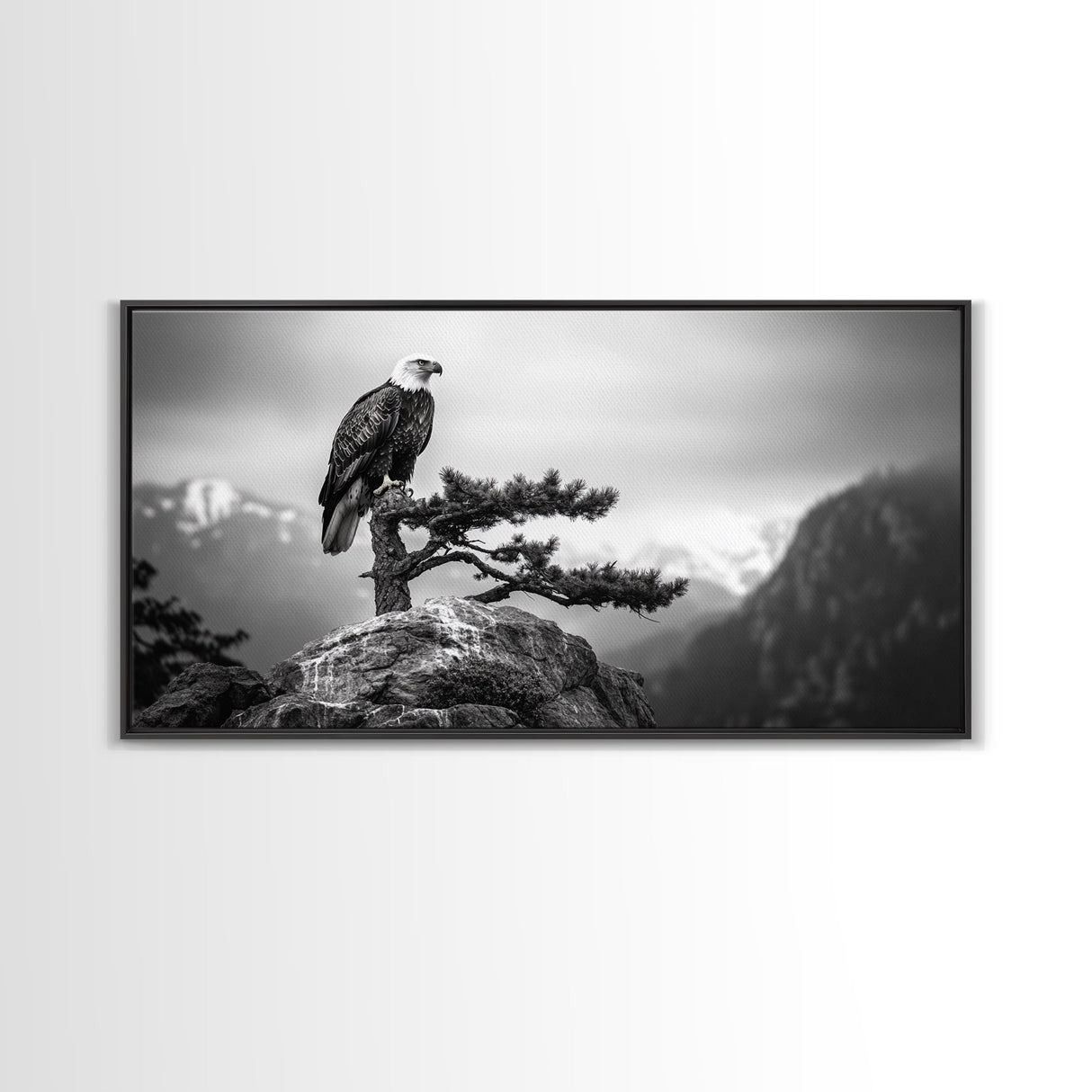 Majestic Bald Eagle, pine tree art, bird art, nature photography, mountain painting, wildlife art, extra wide art, framed canvas print