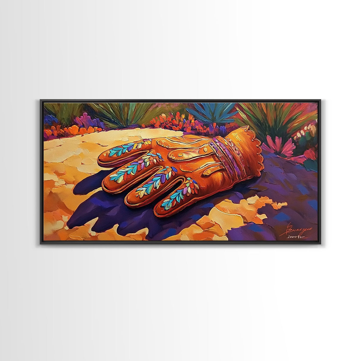 Embroidered Leather Glove, cowboy painting, rustic decor, western art, textured painting, colorful art, vibrant rustic scene, canvas print