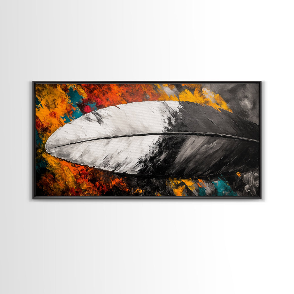 Feather Painting, whimsical art, black and white painting, abstract painting, moody art, colorful background, modern decor, Framed Canvas Print