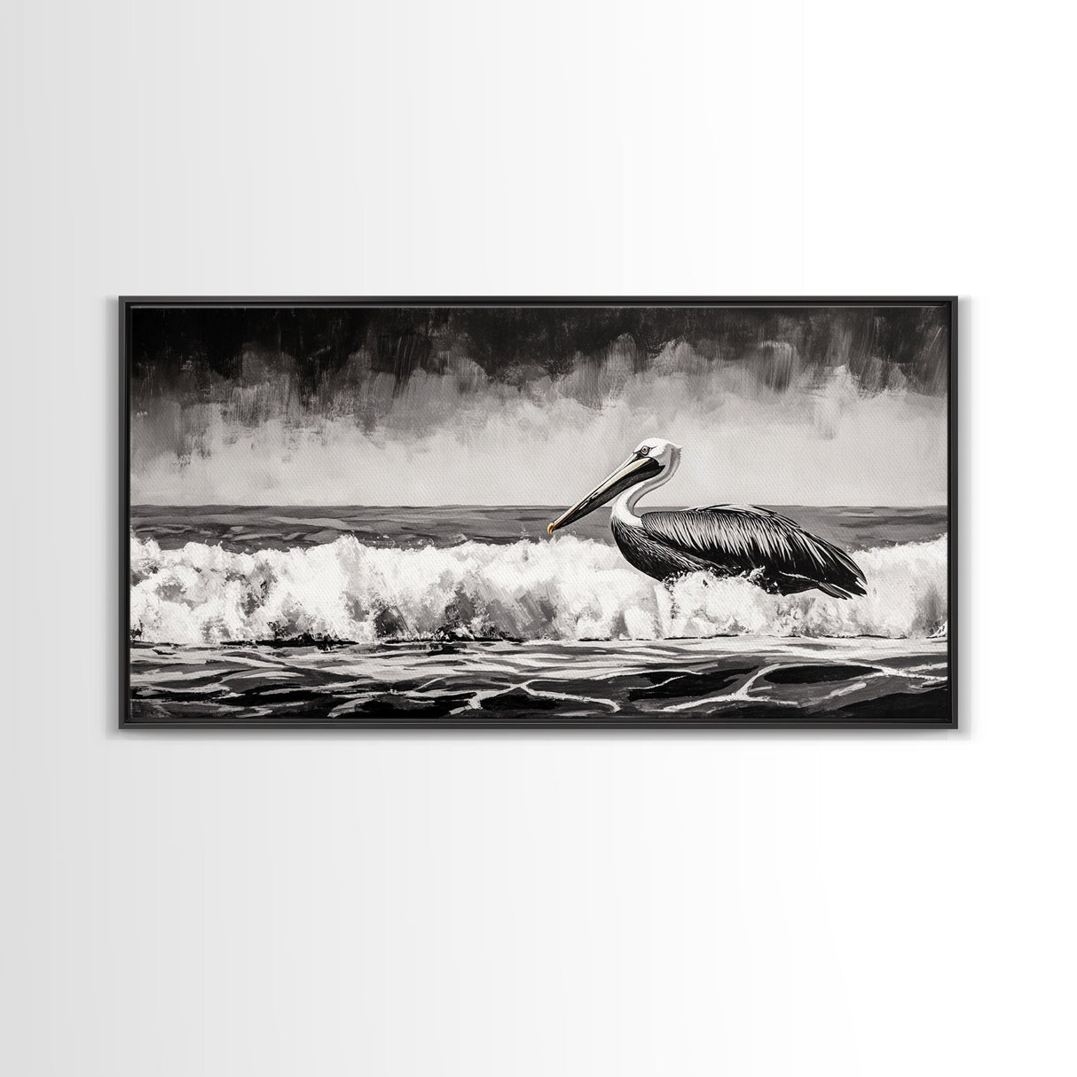 Pelican, coastal wall art, nautical painting, black and white art, seascape painting, ocean bird, Framed Canvas Print, beach decor