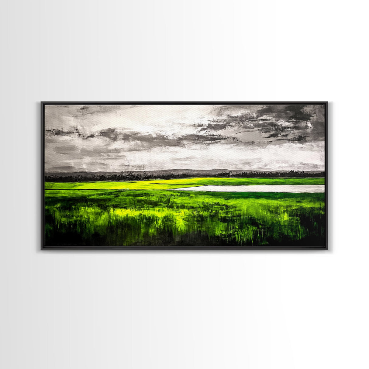 Marsh Landscape Painting, Green Wall Art, Nature Artwork, Panoramic Art, Extra Wide Art, Framed Canvas Print, Rustic Home Decor