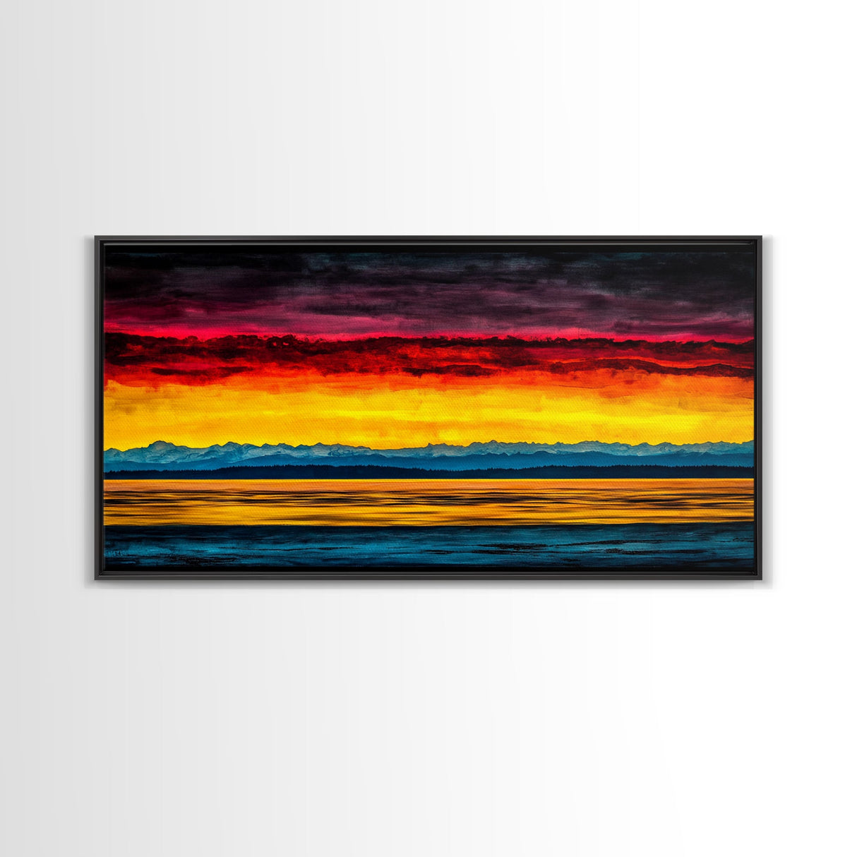 Sunset Over Water, Colorful Horizon Painting, Coastal Wall Art, Extra Wide Art, Framed Canvas Print, Above Sofa Art, Ocean Lover Gift