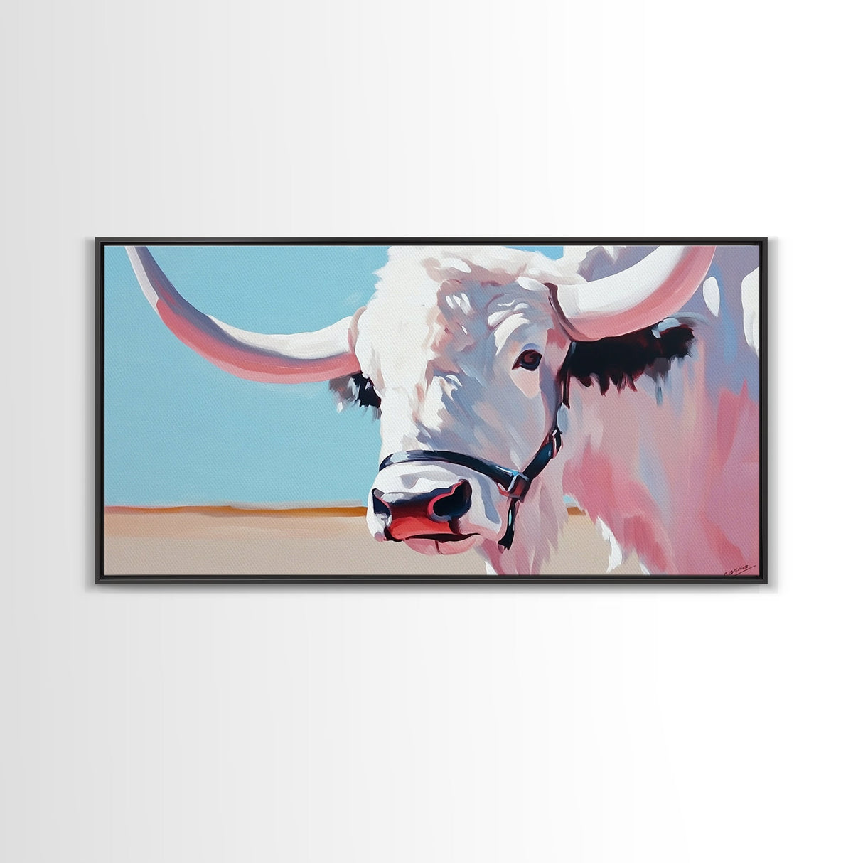 Longhorn Cow Portrait, Rustic Farmhouse Wall Art, Southwest Decor, Western Painting, Framed Canvas Print, Country Living Gift Idea