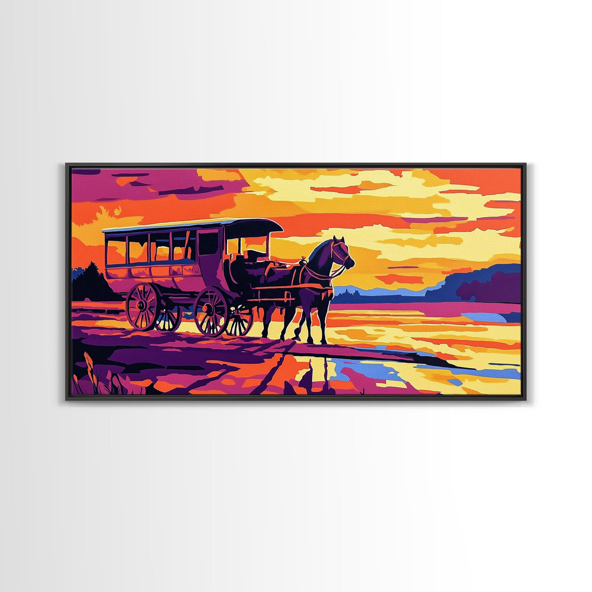 Horse carriage, old west, sunset scene, rustic western art, nostalgic painting, moody colors, extra wide wall art, canvas print