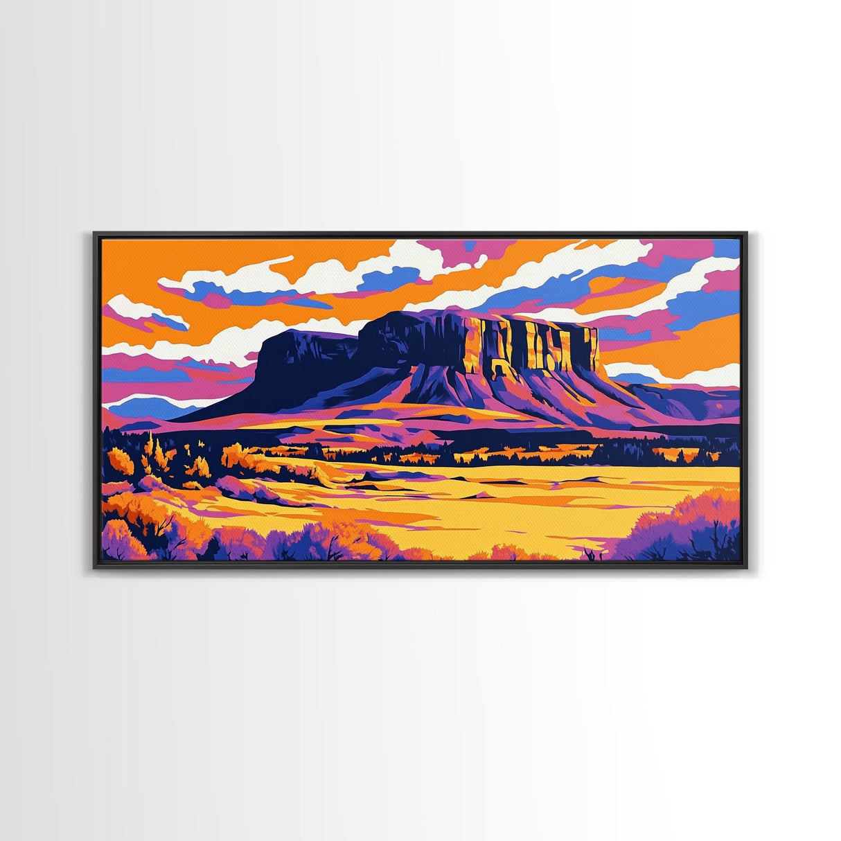 Mesa, desert sunset, southwest decor, extra wide wall art, western landscape painting, panoramic painting, framed canvas print