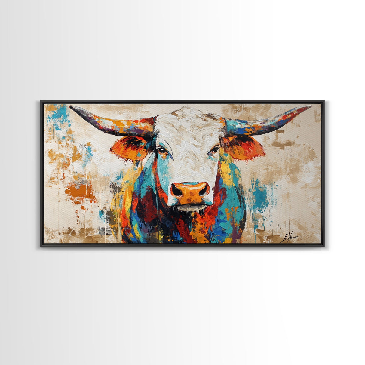 Vibrant Bull Art, rustic decor, extra wide art, farmhouse art, bold color wall art, southwestern painting, framed canvas print, modern rustic art