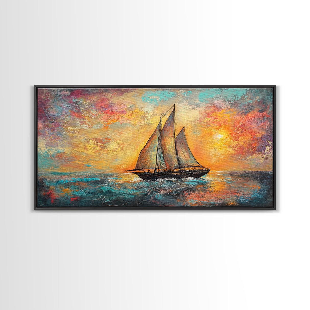 Sailboat at Sunset, nautical painting, coastal decor, seascape painting, beach house art, extra wide art, oil painting, canvas print