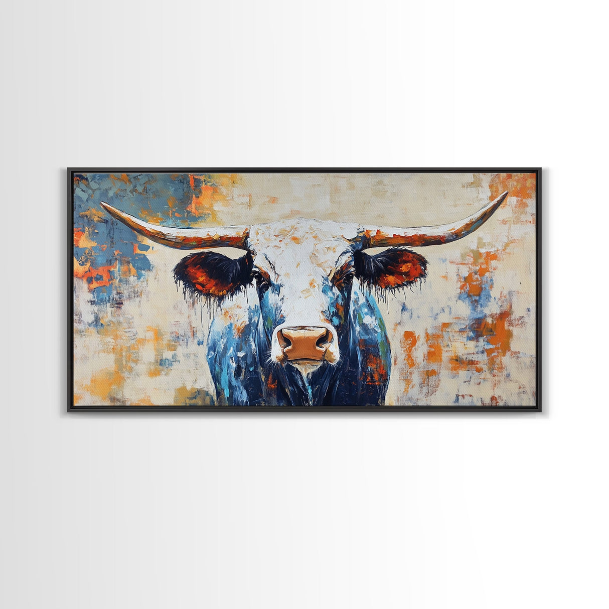 Longhorn Painting, Framed Canvas Print, Rustic Wall Art, Southwest Wall Art, Farmhouse Art, Extra Wide Art, Above Couch Art, Moody Art