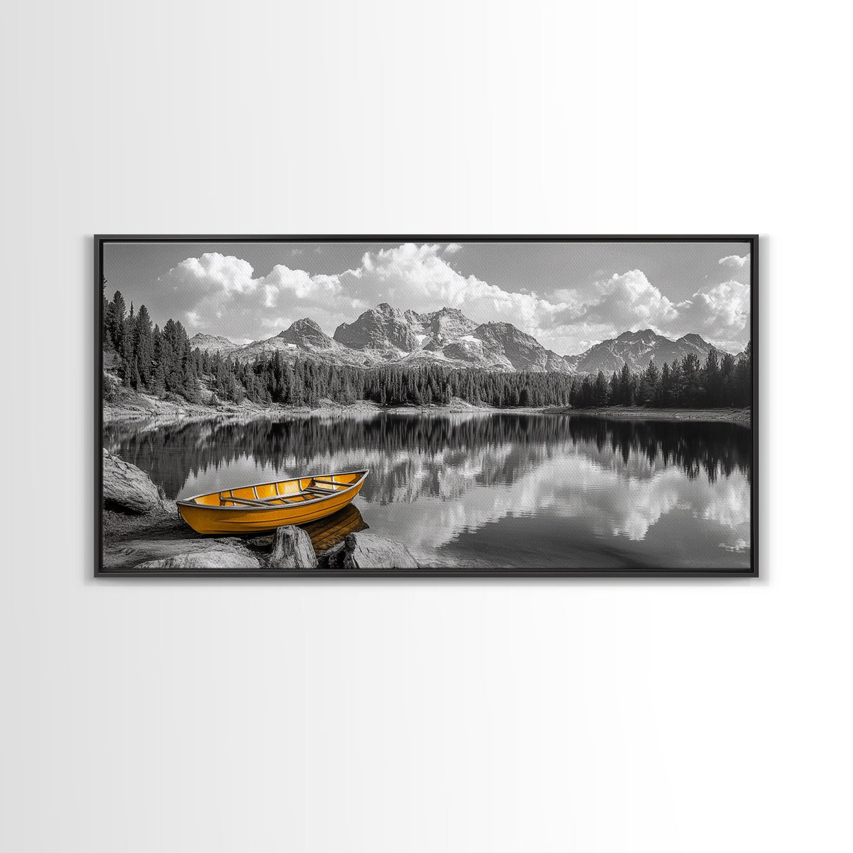 Mountain Lake with Boat, nautical wall art, lake Tahoe art, coastal decor, rustic wall art, extra wide art, seascape painting, Canvas Print