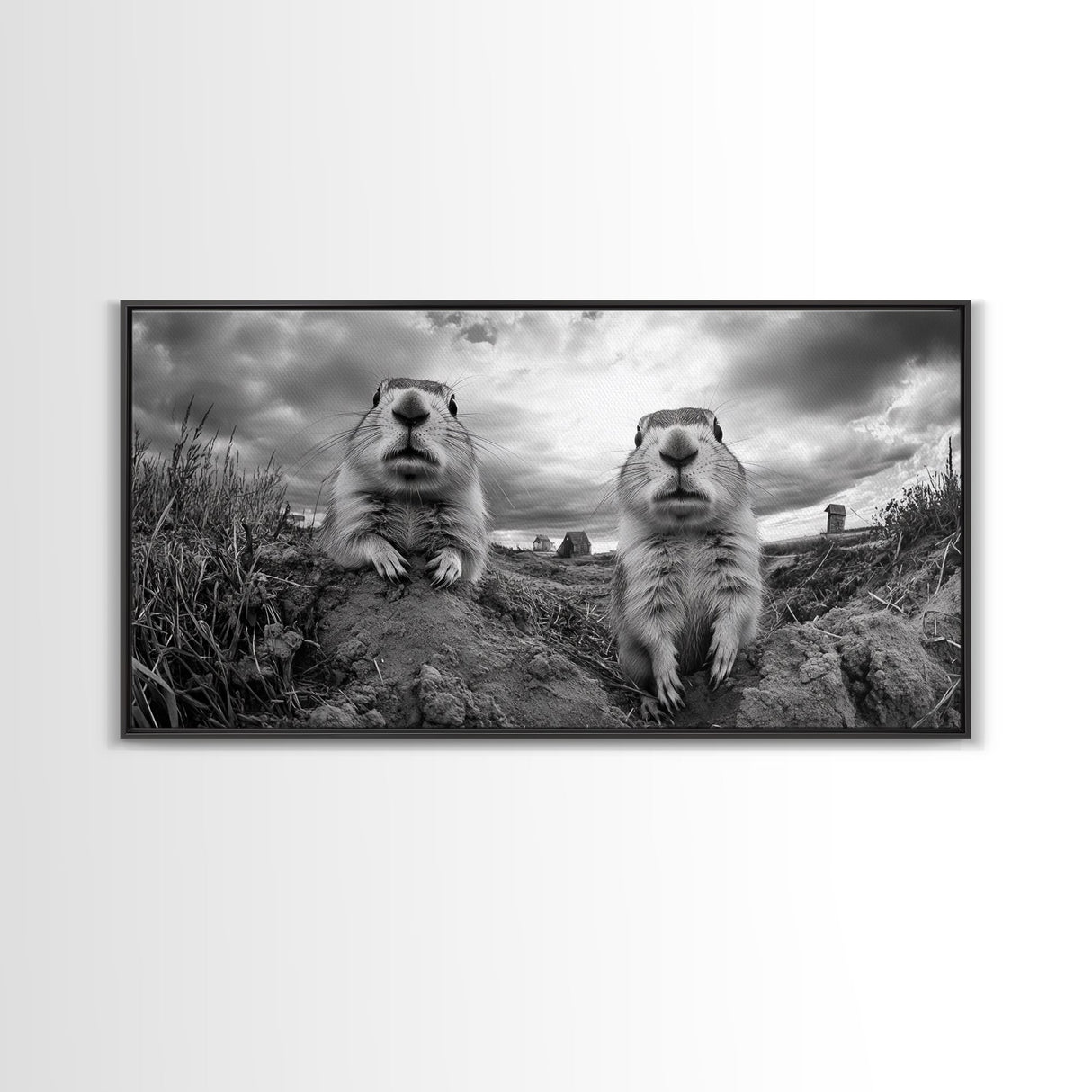 Prairie dogs, whimsical art, rustic wall art, farmhouse art, nature painting, extra wide art, above couch art, framed canvas print