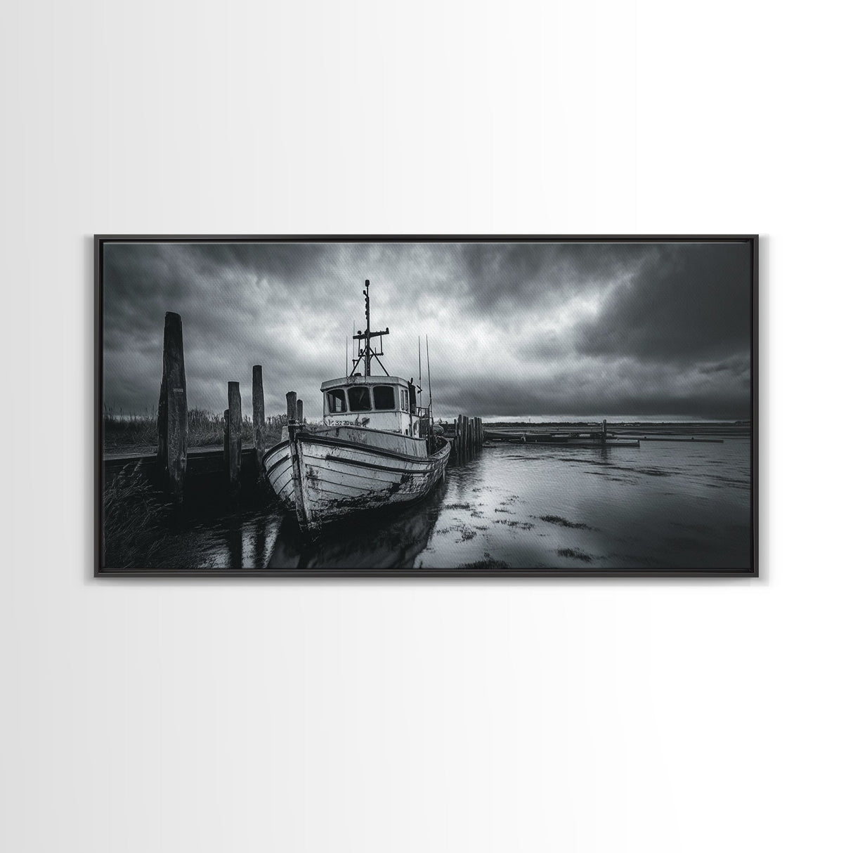 Fishing boat, nautical decor, coastal painting, rustic art, panoramic painting, extra wide art, above sofa art, framed canvas print