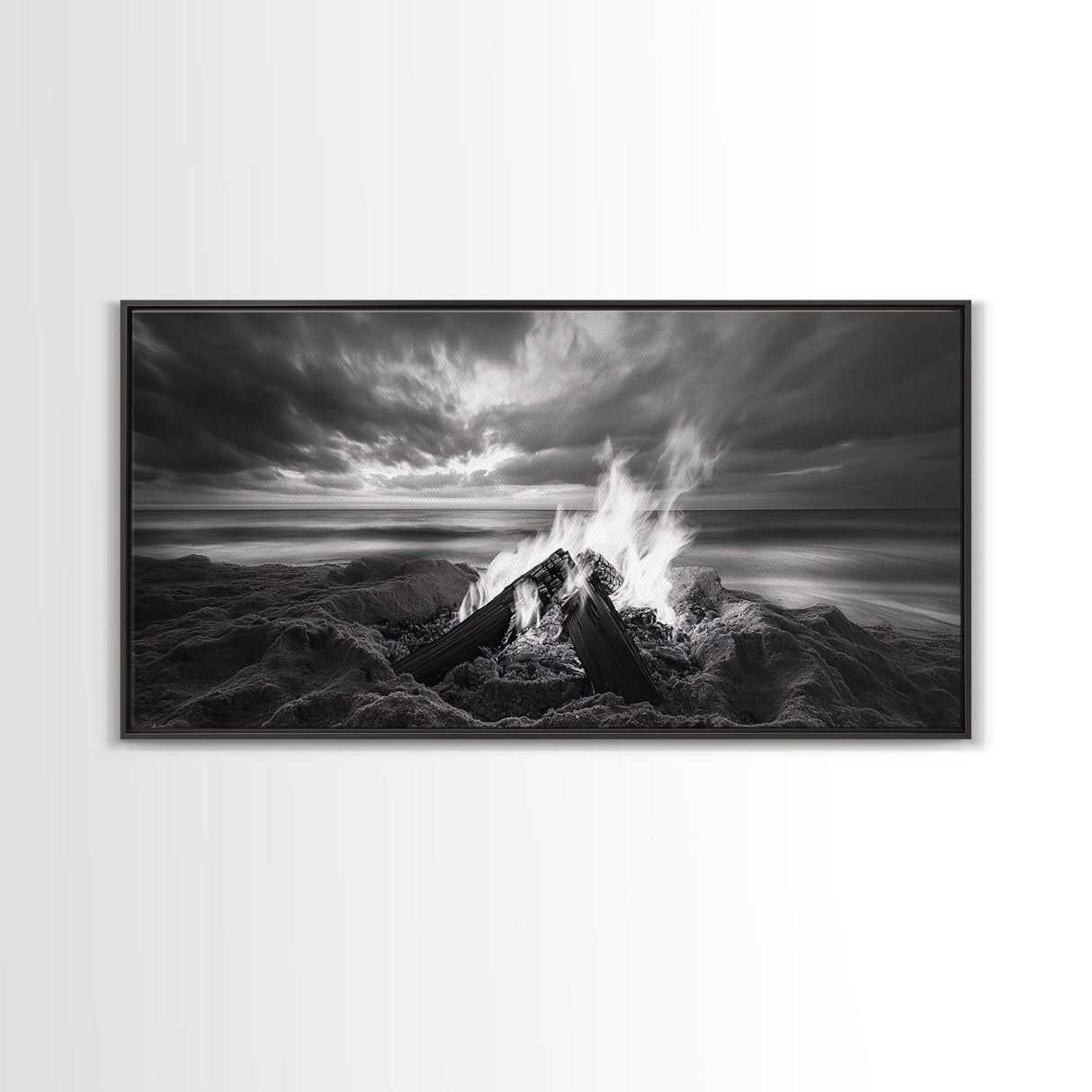 Beach bonfire, moody art, seascape painting, coastal decor, extra wide art, panoramic painting, above bed wall art, framed canvas print