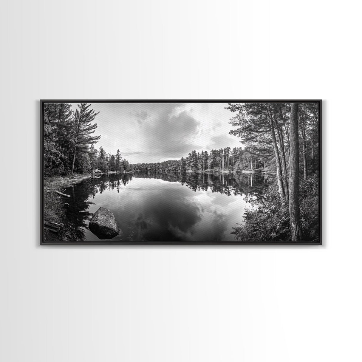 Lake reflection, pine tree art, landscape painting, wabi sabi art, rustic decor, panoramic painting, extra wide art, framed canvas print
