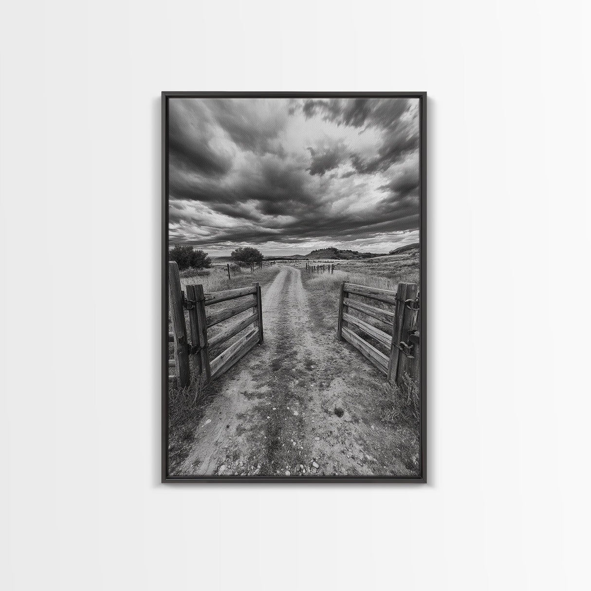 Open Ranch Gate, southwest wall art, moody art, western home decor, rustic art, farmhouse painting, framed canvas print, cowboy aesthetic