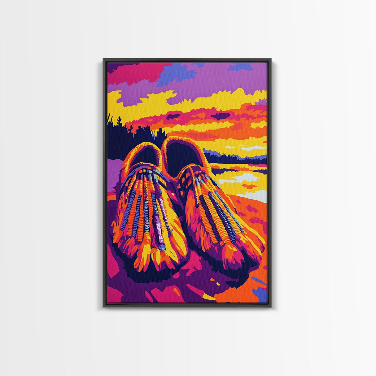 Beaded Moccasins Art, Southwest Wall Art, Pink Orange Wall Art, Boho Western Art, Framed Canvas Print, Rustic Home Decor